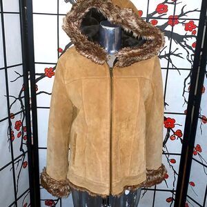 leather coat with faux fur trimmed hoodie. Size Small